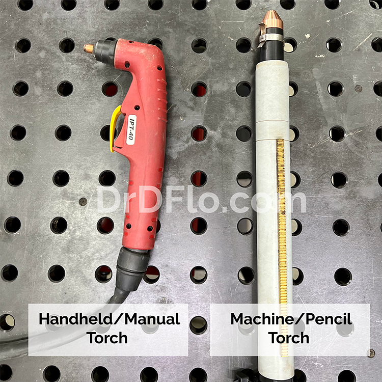 Comparison of a handheld or manual torch versus a straight or machine plasma torch.