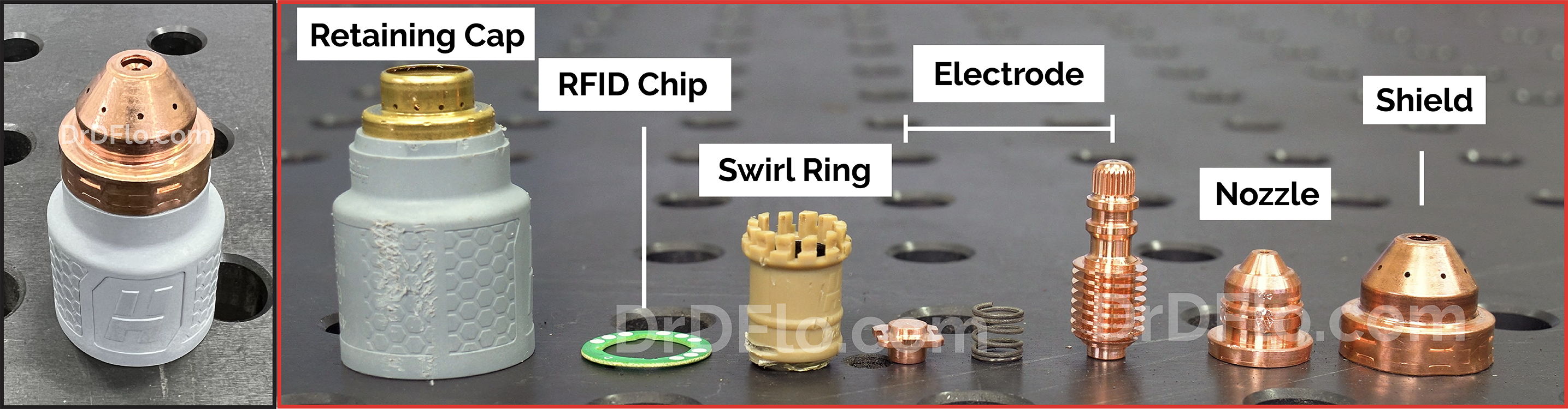 Consumables in a plasma torch, including swirl ring, electrode, nozzle, retaining cap, and shield.