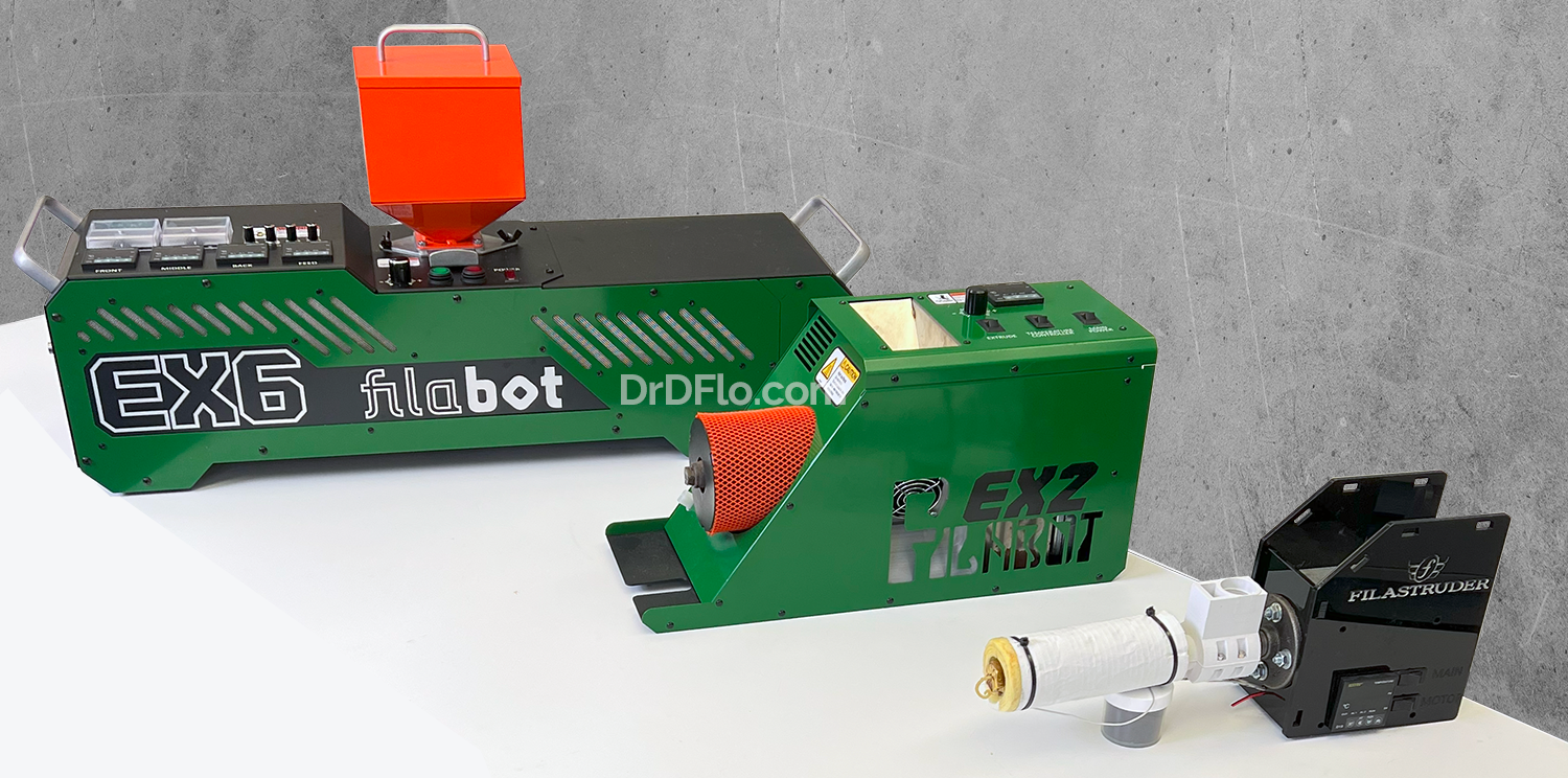 Line up of hobbyist filament extruders, including the Filabot EX6, Filabot EX2, and Filastruder