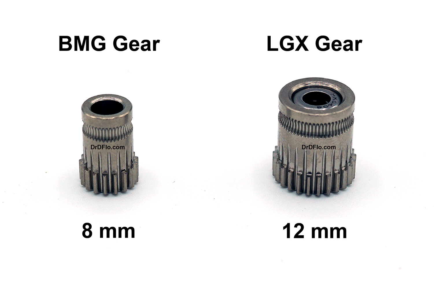 Close up of bondtech extrusion gears. The larger LGX gear versus the smaller BMG gear.