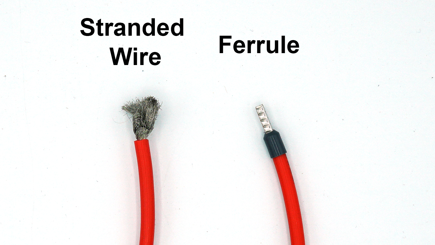 Close up of a stranded wire without and with a ferrule.