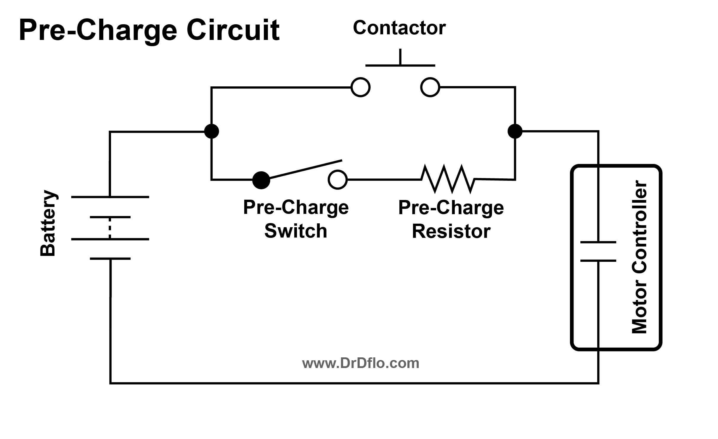 Diagram for a pre-charge circuit that will protect a motor controller when the battery is first plugged in. 