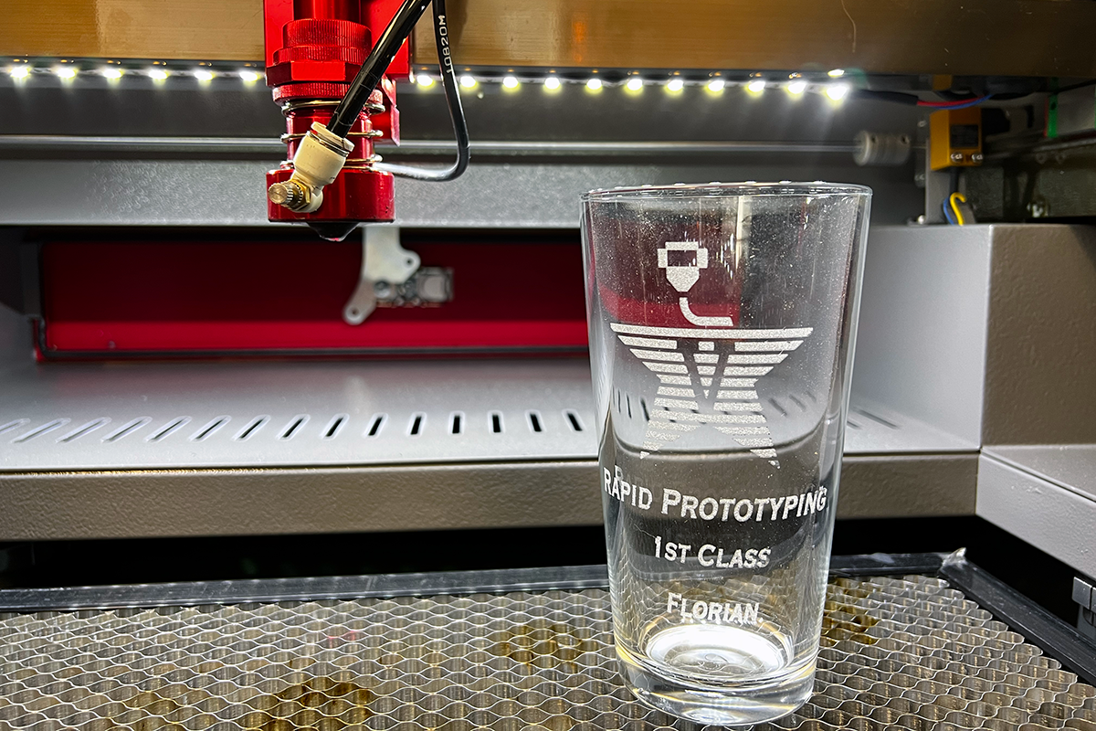 Laser engraved glass commemorating the first Rapid Prototyping class
